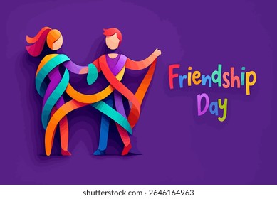 This is a vibrant and abstract vector illustration for "Friendship Day," depicting two stylized human figures embracing. 

