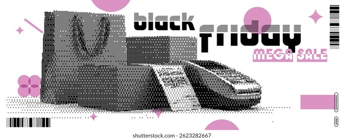 This vibrant advertisement promotes a Black Friday event with a mix of y2k aesthetics. It features pixelated designs, bold typography, and abstract shapes, creating an eye-catching visual experience.