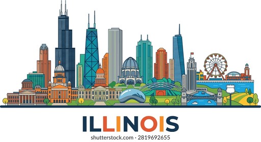 This vibrant artistic illustration showcases the iconic Chicago skyline with colorful skyscrapers and architectural landmarks, set against a clean white background with the state name Illinois written below it.