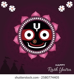 This vibrant artwork celebrates the spirit of Rath Yatra, featuring the sacred face of Lord Jagannath, adorned with a decorative lotus design.Divine Blessings of Jagannath.