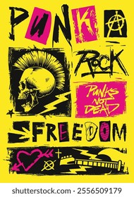 This vibrant artwork showcases punk rock's spirit through bold colors and striking graphics. Featuring a skull anarchy symbol and slogans it celebrates freedom and defiance.