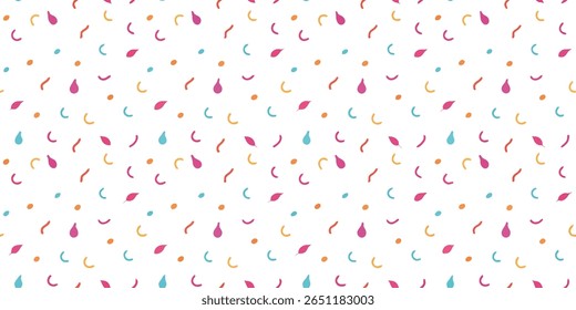 This vibrant background displays a repeating pattern of abstract shapes in pink, orange, and teal. The elements are randomly distributed, creating a cheerful and energetic visual.