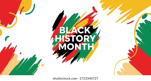 Este Anuncio vibrante presenta trazos abstractos de pincel en los colores simbólicos de rojo, verde, amarillo y negro. El texto central celebra el Mes de la Historia Negra sobre un fondo blanco limpio con acentos artísticos. Perfecto para Materiales promocionales, medios sociales y eventos comunitarios que honran la herencia afroamericana.