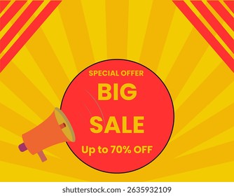 This is a vibrant "Big Sale" banner with a megaphone, announcing a special offer of up to 70% off The design features  red circular element on a yellow background with sunburst rays, in the top corner