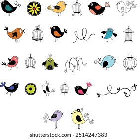 This vibrant bird-themed illustration features whimsical birds, birdcages, and decorative elements, perfect for designs, invitations, and creative projects.