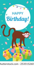 This vibrant birthday card features a cartoon monkey standing on colorful gift boxes with a festive background of confetti, bunting, and a cheerful 'Happy Birthday' message.