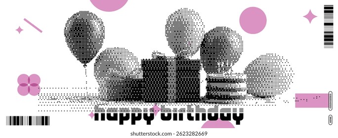This vibrant birthday-themed illustration showcases balloons and neatly wrapped gifts, embodying a y2k aesthetic with playful patterns and pop art influences, perfect for party decorations.