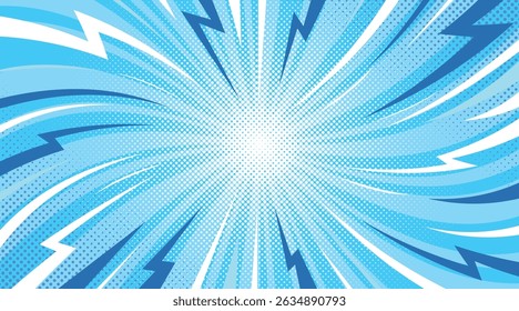 This vibrant blue background features dynamic comic style lightning bolts buzzing through a burst of energy. Smooth gradients and dot patterns enhance the visual impact perfect for creative projects.
