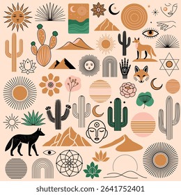 This vibrant boho desert illustration collage blends earthy tones with mystical and natural motifs, creating a visually captivating and harmonious aesthetic. 