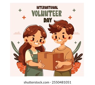 Esta vibrante ilustración de dibujos animados captura la esencia del Día Internacional del Voluntariado, mostrando a un grupo diverso de voluntarios involucrados en diversas actividades de servicio comunitario