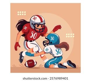 This vibrant cartoon illustration captures the dynamic energy of an American football match between two female players