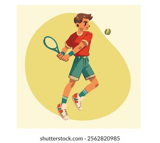 This vibrant cartoon illustration features a dynamic tennis player poised for action, expertly gripping a tennis racket