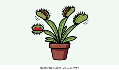 Esta vibrante ilustración de dibujos animados presenta una planta de Venus atrapamoscas en una maceta marrón. La planta tiene múltiples trampas abiertas con dientes visibles, listas para capturar presas. La Imagen es perfecta para