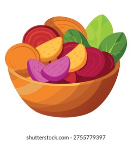 This vibrant cartoon illustration features a wooden bowl filled with sliced beets and sweet potatoes, accompanied by fresh green leaves. The image showcases a healthy and appetizing meal, perfect for use in recipes, food blogs, or graphic design projects.