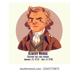 This vibrant cartoon illustration of Robert Burns captures the essence of the iconic Scottish poet, showcasing his distinctive features and traditional attire