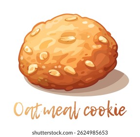 Este vibrante ícone de vetor de desenhos animados exibe um biscoito de aveia recém-assado, destacando sua textura marrom-dourada e aveia torrada. Perfeito para ilustrar as opções de sobremesa ou lanches