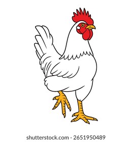 Esta ilustração vibrante do vetor do desenho animado apresenta um galo branco orgulhoso com um pente e uma wattle vermelho brilhante, e bico e pés amarelos. Renderizado de forma limpa e estilizada