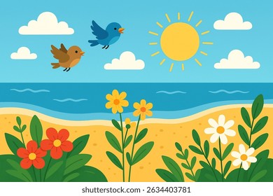 This vibrant cartoon-style vector illustration captures the essence of a cheerful spring morning at the beach. Designed in a clean, colorful, and playful aesthetic, the scene features a bright sandy