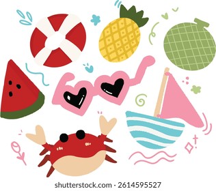 This vibrant and cheerful illustration captures the essence of a fun-filled summer day. A collection of colorful icons evokes feelings of beach vacations and tropical adventures. Prominently featured 