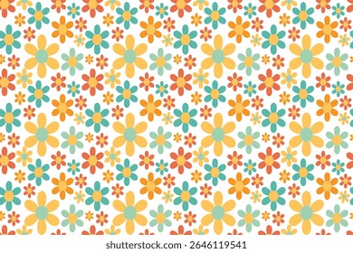 Esta imagem vibrante e alegre apresenta um padrão repetitivo perfeito de flores estilizadas em vários tons de laranja, azul-petróleo e amarelo em um fundo branco nítido.