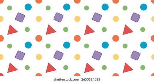 This vibrant and cheerful pattern features a repeating arrangement of red triangles purple squares and circles in blue green and yellow hues.