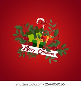 This vibrant Christmas design features a festive arrangement on a red background. In the center, there are wrapped gift boxes tied with ribbons, surrounded by holly leaves, berries, and red bows.