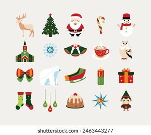 This vibrant collection of Christmas icons includes classic holiday symbols such as Santa, reindeer, Christmas tree, and more, perfect for enhancing festive content and promotional materials.