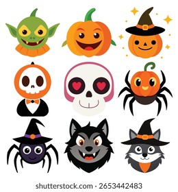 Esta coleção vibrante apresenta ilustrações de desenhos animados adoráveis de personagens de Halloween, incluindo um duende verde, abóboras sorridentes, um crânio, aranhas e lobos, perfeito para desenhos festivos.