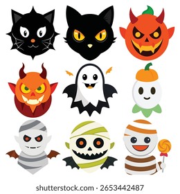 This vibrant collection features adorable Halloween characters including black cats, pumpkins, ghosts, devils, and mummies, each with a unique and charming design perfect for the holiday.