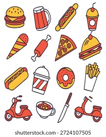 Diese lebendige Kollektion bietet mehrere handgezeichnete Doodle-Symbole, die beliebte Fast Food-Artikel wie Burger, Pizzaschneider, Donuts und verschiedene Getränke darstellen, zusammen mit Lieferscooter. Ideal für grafische Projekte, die ein unterhaltsames, stilisiertes Food-Thema benötigen, eignen sich diese hellen Elemente perfekt für die moderne visuelle Kommunikation.