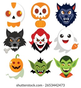 Esta coleção vibrante apresenta uma variedade de personagens clássicos do Halloween, incluindo um crânio, abóbora, lobisomem, palhaço, fantasma e duendes, todos renderizados em um estilo divertido e cartunesco.