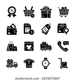 This vibrant collection of flat icons visually represents key elements of ecommerce and retail.