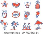 This vibrant collection of handdrawn summer icons includes a starfish, watermelon, shell, pineapple, bucket, cocktail, ice cream, flamingo, palm tree, sand castle, and beach umbrella. 