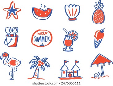 This vibrant collection of handdrawn summer icons includes a starfish, watermelon, shell, pineapple, bucket, cocktail, ice cream, flamingo, palm tree, sand castle, and beach umbrella. 