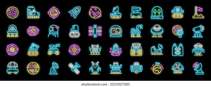 This vibrant collection of neon icons captures the spirit of space exploration with its futuristic and glowing design