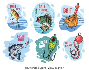 This vibrant collection showcases various illustrations of fishing bait lures and tackle. Each design highlights different fishing elements and colorful artwork ideal for enthusiasts.