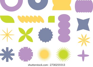Diese lebendige Kollektion zeigt verschiedene abstrakte geometrische Formen in einer modernen, bunten Komposition. Zu den Elementen gehören verschiedene Sternzeichen, abgerundete Bögen, organische Kleckse und einzigartige gemusterte Formen, die Pastelltöne in Lila, Gelb und Neongrün verwenden. Dieses vielseitige Grafikdesign-Asset eignet sich perfekt für die Erstellung spielerischer, auffälliger Hintergründe, moderner Website-Illustrationen oder dekorativer digitaler Collagen. Das Sortiment betont schlichte, kräftige Formen mit hervorragendem visuellen Interesse, die sich für zeitgenössische Markenbildung und kreative Projekte eignen, die eine frische, geometrische Ästhetik benötigen. Die saubere Trennung von Objekten auf weißem Hintergrund verstärkt ihre ausgeprägten, stilisierten Formen.