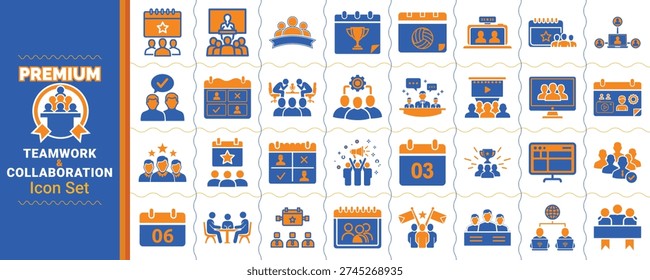 This vibrant collection of vector icons encapsulates the spirit of teamwork, collaboration, and success. It features a range of symbols designed for business environments, meetings, and group achievements. The icons highlight key concepts like team discussions, calendar planning, group collaboration, award ceremonies, and employee recognition. Ideal for use in business-related materials such as presentations, event posters, team-building activities, and company branding, these high-quality, scalable vectors can enhance websites, apps, promotional content, and corporate designs. The colors of blue and orange bring a professional yet lively tone, making them perfect for corporate or educational environments. This icon set is essential for illustrating teamwork, professional growth, and collaboration in any business or organizational context.