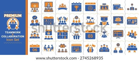This vibrant collection of vector icons encapsulates the spirit of teamwork, collaboration, and success. It features a range of symbols designed for business environments, meetings, and group achievements. The icons highlight key concepts like team discussions, calendar planning, group collaboration, award ceremonies, and employee recognition. Ideal for use in business-related materials such as presentations, event posters, team-building activities, and company branding, these high-quality, scalable vectors can enhance websites, apps, promotional content, and corporate designs. The colors of blue and orange bring a professional yet lively tone, making them perfect for corporate or educational environments. This icon set is essential for illustrating teamwork, professional growth, and collaboration in any business or organizational context.