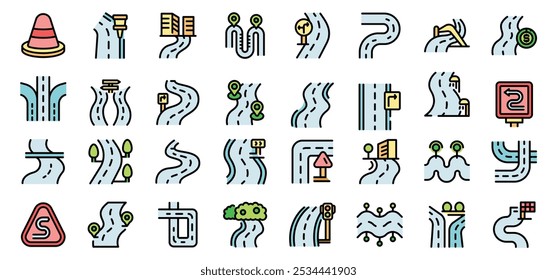 Esta vibrante colección de sinuosos íconos de la carretera muestra diversas rutas, simbolizando las emocionantes posibilidades y opciones que encontramos en el viaje de la vida