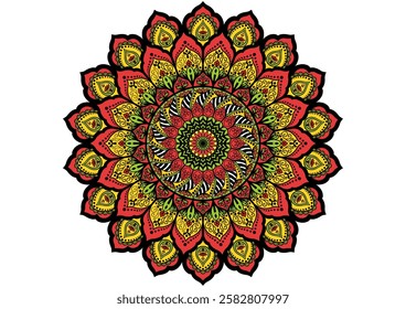 This vibrant, colorful Mandala design features intricate patterns, perfect for digital art projects, printable poster designs, and commercial use in home decor and wall art.