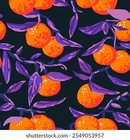 This vibrant and colorful pattern features bright tangerines and purple leaves