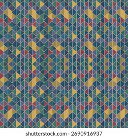 Este é um padrão geométrico vibrante e complexo composto de cubos e triângulos entrelaçados. O design cria uma ilusão óptica tridimensional, com cubos parecendo recuar e avançar. O c