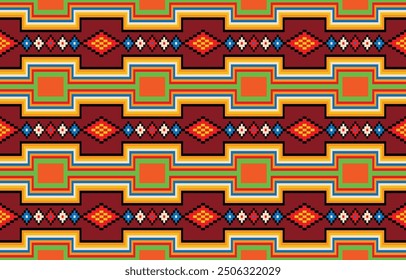Este vibrante diseño geométrico de punto de cruz está inspirado en los textiles étnicos tradicionales. El patrón se compone de colores llamativos y contrastantes, incluyendo rojo, naranja, amarillo, verde, azul y negro.
