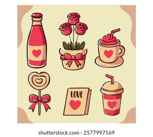 This vibrant Valentine’s Day icons set features a delightful assortment of symbols, including red roses, coffee cups, and cupcakes, perfect for celebrating love and affection