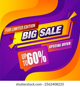 This vibrant design features a 60% discount announcement with a compelling mix of purple and orange tones. The layout is clean yet attention-grabbing, ensuring your promotion stands out