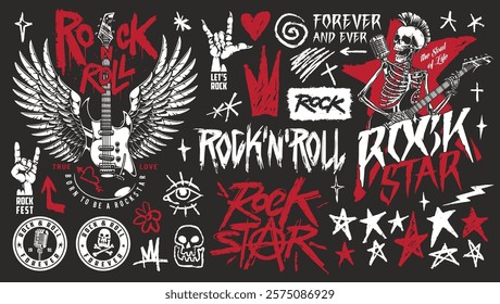 This vibrant design features bold graphics related to rock music. Elements include guitars skeletons and iconic symbols celebrating the spirit of rock and roll.