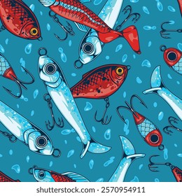 This vibrant design features a collection of fishing lures in a variety of shapes and colors set against a blue background. Each lure showcases unique details and hooks.