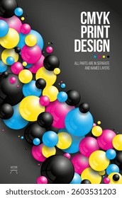 This vibrant design features colorful round shapes in CMYK colors, ideal for print design applications, showcasing depth and visual interest for various projects. Vector illustration.