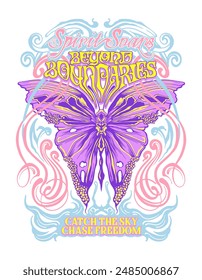 This vibrant design features a majestic butterfly at its center, surrounded by swirling, pastel colored patterns. With slogan Spirit Soars Beyond Boundaries